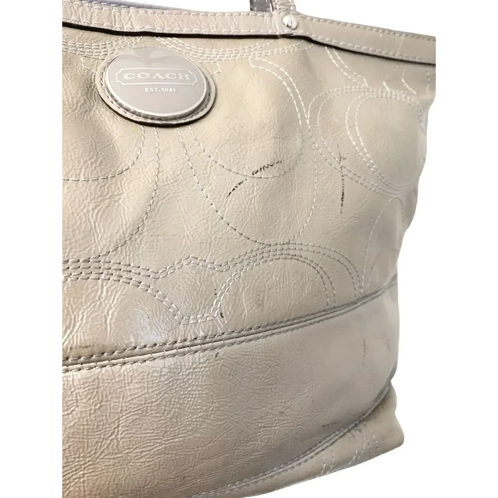 Coach Signature Stripe Patent Leather Tote Shoulder Bag Taupe Grey F15142